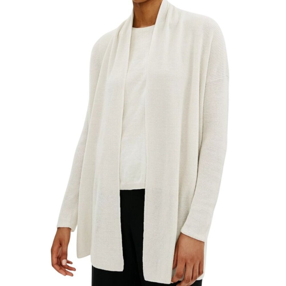 Eileen Fisher High Collar Organic Linen Cotton Open Cardigan Sweater Size XL